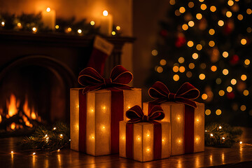 Glowing Christmas Gifts by Tree and Fireplace