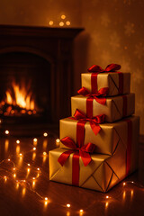 Golden Christmas Presents by Fireplace