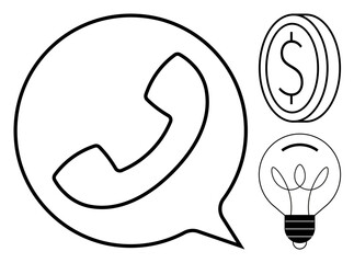 Phone in speech bubble, lightbulb, and coin icons highlight communication, ideas, and finance. Ideal for business, technology, entrepreneurship, startups innovation cost management and strategy in