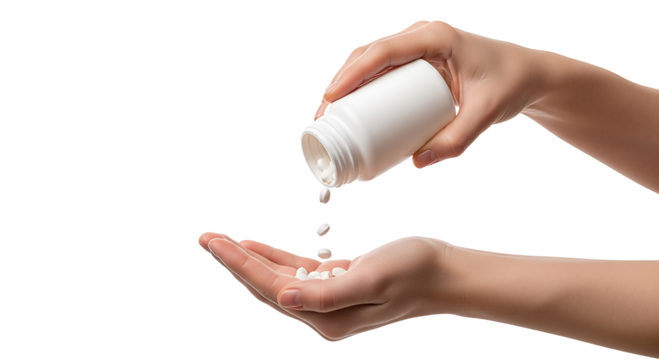 Hand pouring white pills from a plastic bottle Isolated on transparent background, png for healthcare and medical concepts