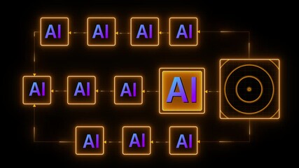 Ai tools neon background .Automation and business process mapping concept. Businessman using laptop with flowchart interface to present automated workflow, process planning, 4k animated video.