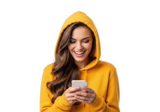 A young woman with long brown hair wearing a bright yellow hooded sweatshirt smiles while looking at her mobile phone isolated on transparent background