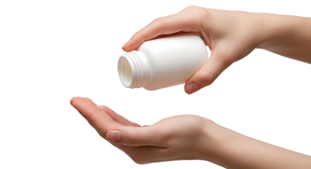 Hands pouring pills from a white bottle isolated on white for medication and healthcare concepts Isolated on transparent background, png