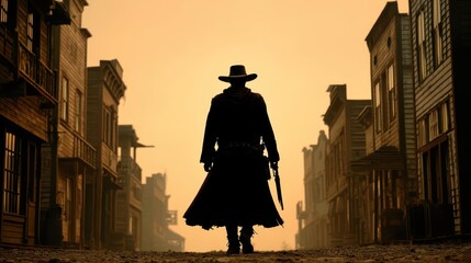 Bounty Hunter Silhouette Standing in Dusty Wild West Town at Sunset with Dramatic Sky, Evoking Mystery and Adventure in Frontier Setting