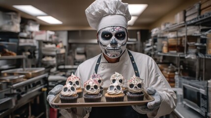 Professional Chef in a Kitchen Holding a Tray of Intricately Designed Halloween Cupcakes with Skull Decorations Captured in a Vibrant and Creative Atmosphere