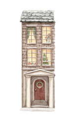 Vintage cartoon cute composition with house decorated for Christmas and animal hedgehog in clothes character inhabiting them isolated on white background. Watercolor hand drawn illustration sketch