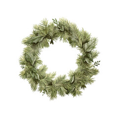 Watercolor vintage round wreath with Christmas green branches of coniferous trees  natural frame border isolated on white background. Watercolor and pencil hand drawn illustration sketch