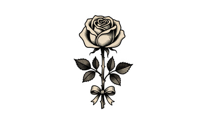 Vintage engraved rose with stem, leaves, and a tied ribbon bow. Monochrome vector illustration in tattoo or retro graphic style. Ideal for memorial, wedding, or tattoo designs.