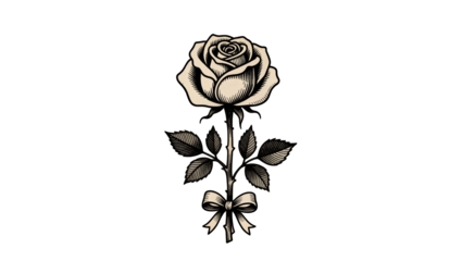 Vintage engraved rose with stem, leaves, and a tied ribbon bow. Monochrome vector illustration in tattoo or retro graphic style. Ideal for memorial, wedding, or tattoo designs.