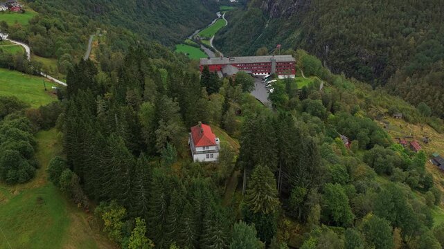 Aerial view of Stalheim pass and historic Stalheim Hotel in Norway