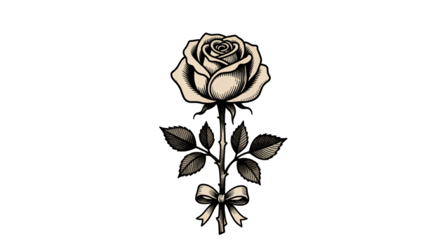 Vintage engraved rose with stem, leaves, and a tied ribbon bow. Monochrome vector illustration in tattoo or retro graphic style. Ideal for memorial, wedding, or tattoo designs.