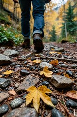 Obraz premium Man walking on a rocky trail covered with autumn leaves in a forest setting