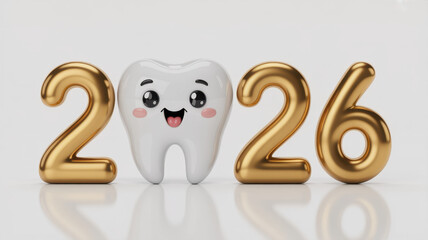 Cartoon tooth character with golden 2026 numbers dental care concept for the new year 3D rendering on white
