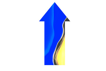 Abstract blue and yellow fluid textured arrow pointing up representing progress isolated on transparent background