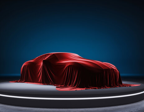 New car reveal under a red velvet cloth on a stage with blue background