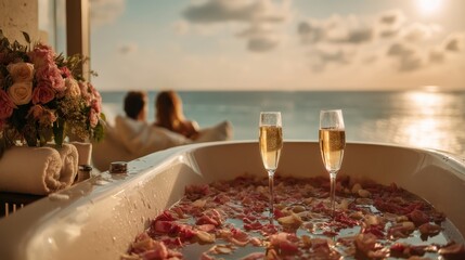 Romantic Couple Enjoying a Bathtub Filled with Rose Petals Overlooking a Beautiful Sunset at a Beach Resort Setting