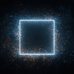 Fototapeta premium neon square frame, surrounded by dynamic, swirling blue, orange digital particles against dark background. Ideal for technology, abstract backgrounds, digital portals, cinematic effects