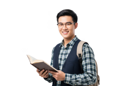 Smiling young asian student wearing glasses and a backpack holding an open book isolated on transparent background
