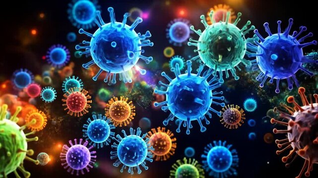 A vibrant, colorful illustration of several microscopic viral particles with spiky exteriors