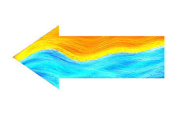 Abstract arrow pointing left with flowing orange and blue data stream lines isolated on transparent background