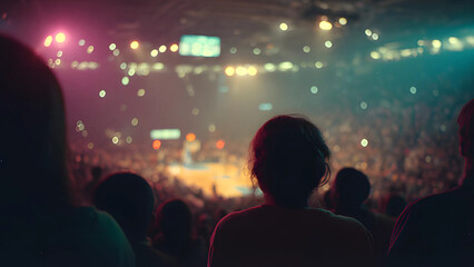Naklejka premium Audience in a stadium silhouettes of attendees viewed from behind, creating a sense of immersion within a large crowd.