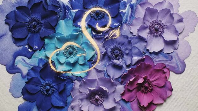 Gold Filigree Ornament Painted Over Blue and Purple Watercolor Flowers.