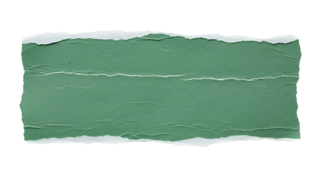 Green torn paper strip with jagged edges and rough texture on a clean background. isolated on transparent background