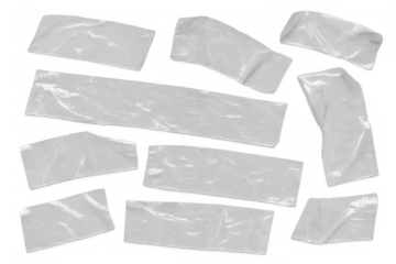 Transparent adhesive tape pieces, some crumpled and wrinkled, creating lines and overlapping shapes. Sticky clear plastic strips. Transparent background