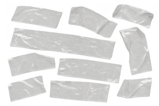 Transparent adhesive tape pieces, some crumpled and wrinkled, creating lines and overlapping shapes. Sticky clear plastic strips. Transparent background