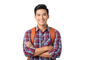 Young asian male student with backpack smiling confidently with arms crossed isolated on transparent background