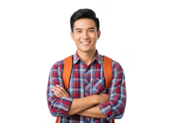 Young asian male student with backpack smiling confidently with arms crossed isolated on transparent background
