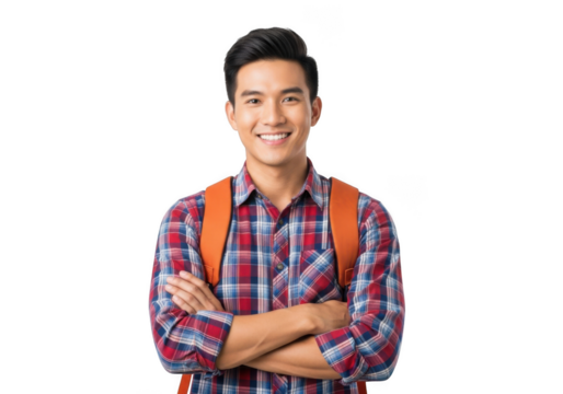 Young asian male student with backpack smiling confidently with arms crossed isolated on transparent background - Powered by Adobe
