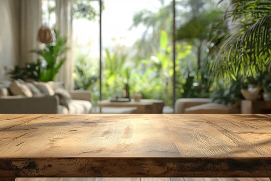 Empty hinoki wooden table display mockup modern luxurious living room digital mockup bright environment close-up view
