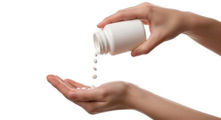 Pills pouring from a white plastic bottle into a hand Isolated on transparent background, png for health and wellness concepts