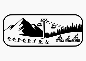 panoramic ski resort badge. skiing with cabins and lift .mountain ski lodge landscape