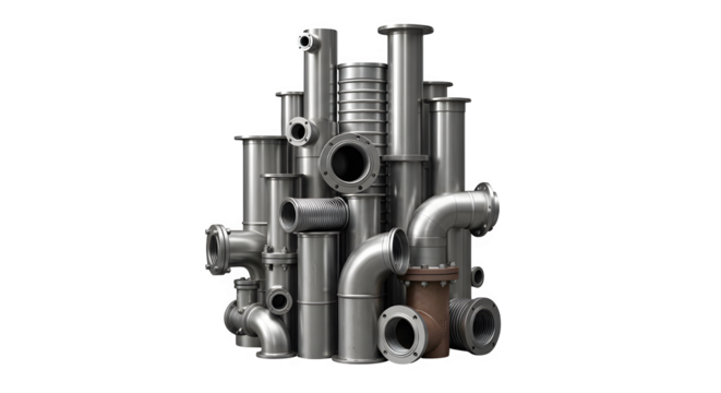 Group of metal pipes and fittings for industrial use