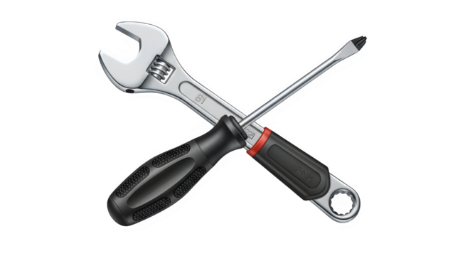 Adjustable wrench and screwdriver crossed, essential hand tools