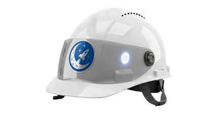 Fototapeta premium A white hardhat with a rocket ship logo is displayed here
