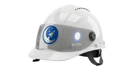 A white hardhat with a rocket ship logo is displayed here