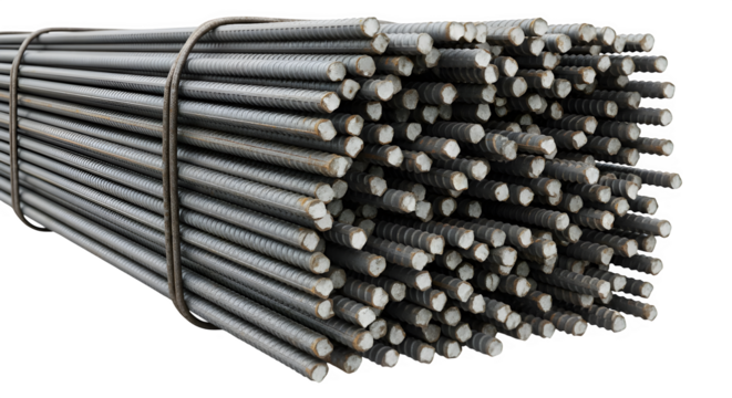 Bundle of reinforcing steel bars tied together, ready for construction