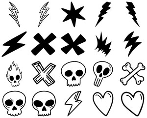 Fototapeta premium hand drawn skull flame bone heart and lightning doodle elements set with bold black outline shapes crosses and stars in simple cartoon sketch style for stickers and graphic design