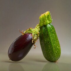 A close up of an eggplant and a green zucchini