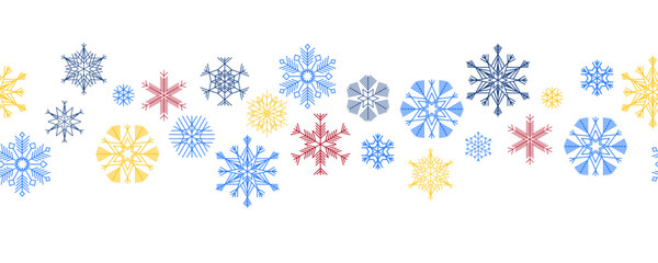 Snowflake seamless border. Christmas and Happy New Year background. Simple snowflakes on a white background, seamless border. Holiday Christmas decoration. New Year seamless banner. Vector