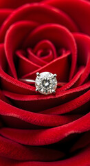 Diamond Engagement Ring Nestled in Red Velvet Rose Petals