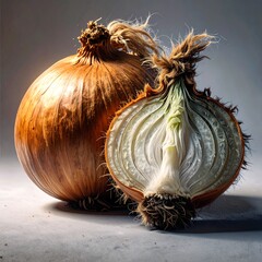 A whole onion and a half onion on a light surface
