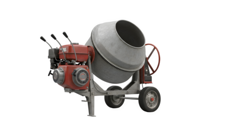 Concrete mixer with a red engine is ready to mix cement