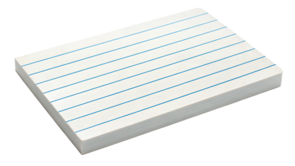 Single index card, clean white with faint blue lines, sharp rectangular edges, isolated PNG transparent background