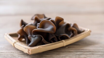 Fresh Wood Ear Mushrooms on Bamboo Plate. Generative AI