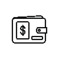 Pixelated wallet icon with dollar sign representing personal finance and digital payment in 8 bit