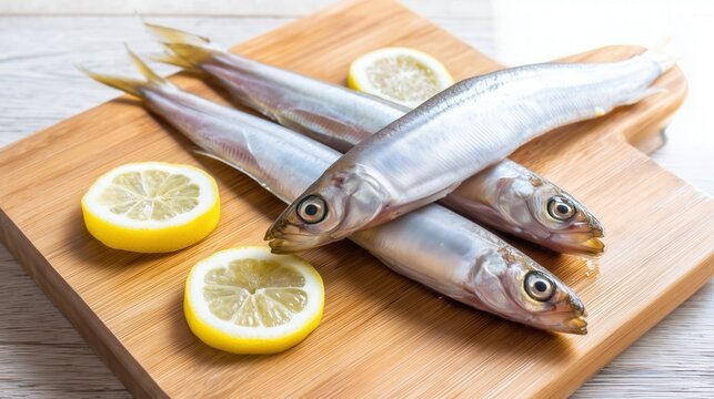 Fresh capelin fish with lemon slices on a wooden board. Generative AI